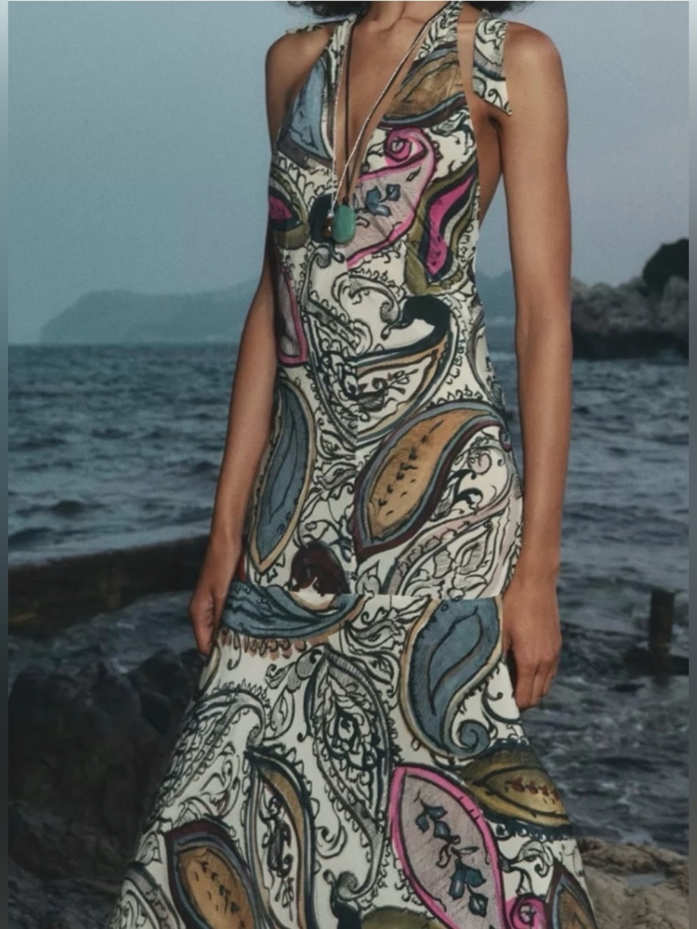 Zara Halter Maxi Dress Sleeveless open back, plunging V-neckline  paisley print